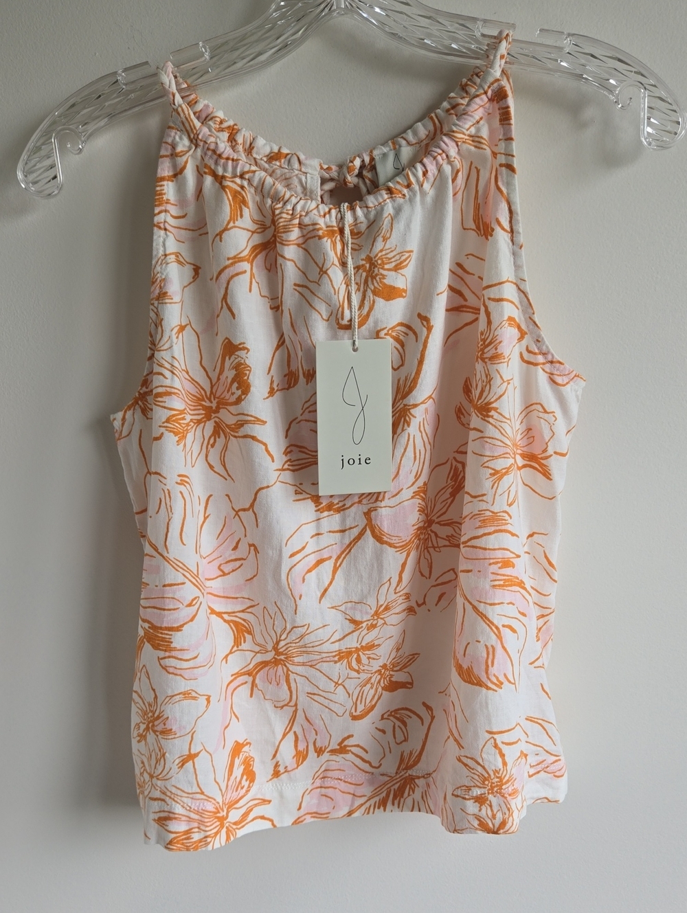 JOIE NEW Linen Blend Floral Keyhole Bow Tie Floral Tank Cream Pink Orange Small